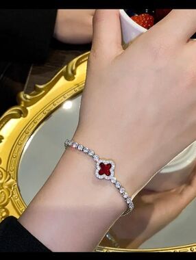 Silver and Red Diamond Clover Bracelet